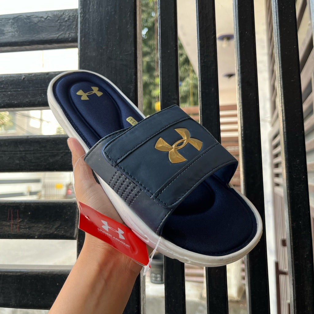 UNDER-ARMR-IGNIT-V-SLIDES-NAVY GOLDEN